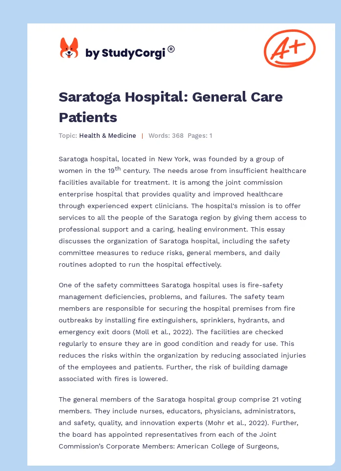 Saratoga Hospital: General Care Patients. Page 1
