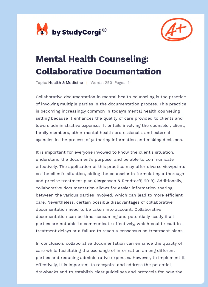 Mental Health Counseling: Collaborative Documentation. Page 1