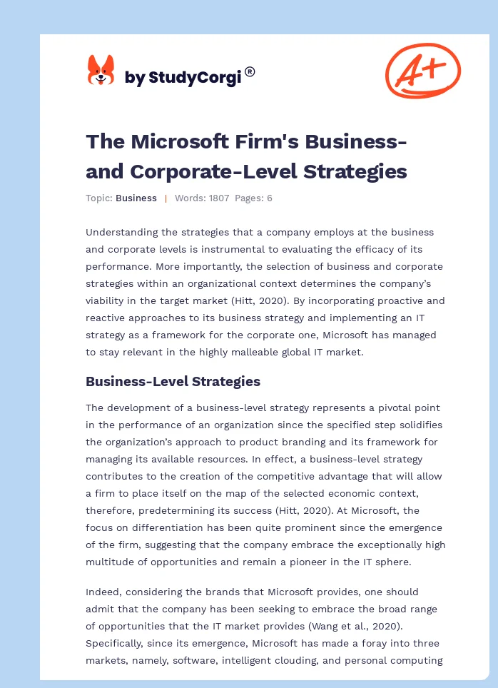 The Microsoft Firm's Business and Corporate-Level Strategies. Page 1