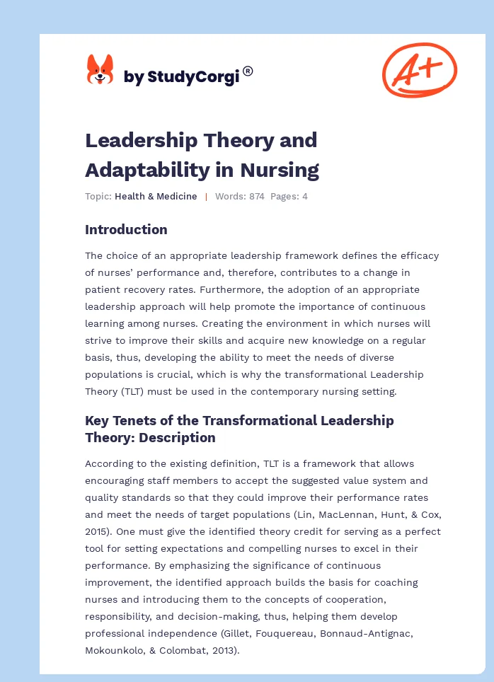 Leadership Theory and Adaptability in Nursing. Page 1