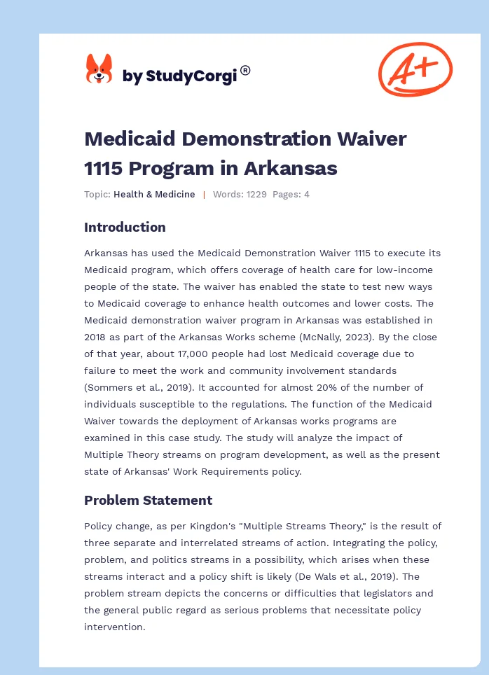 Medicaid Demonstration Waiver 1115 Program in Arkansas. Page 1
