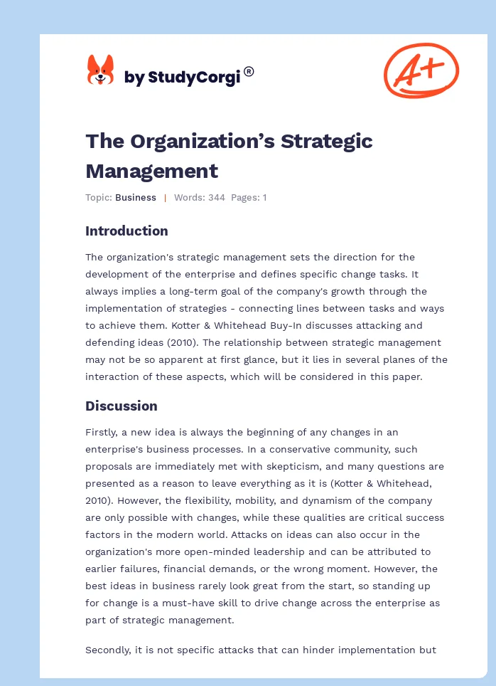The Organization’s Strategic Management. Page 1