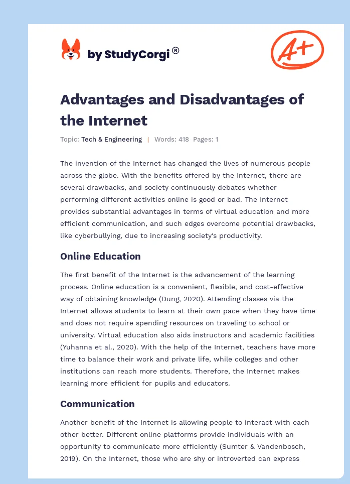 Advantages and Disadvantages of the Internet. Page 1
