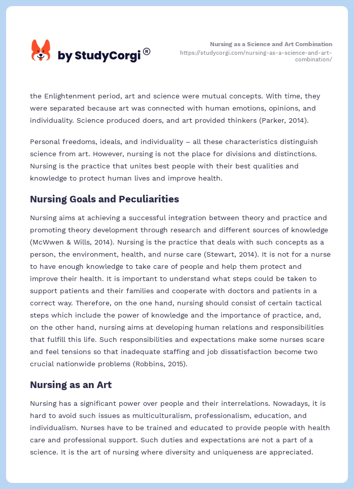 Nursing as a Science and Art Combination. Page 2