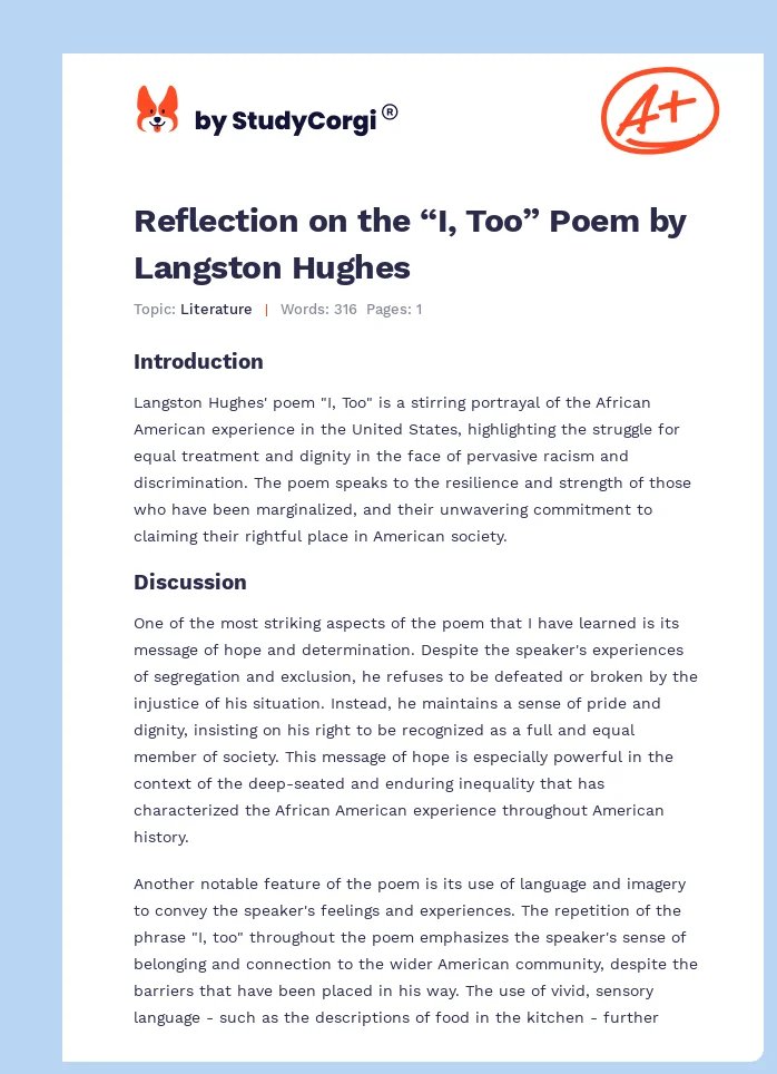 Reflection on the “I, Too” Poem by Langston Hughes. Page 1