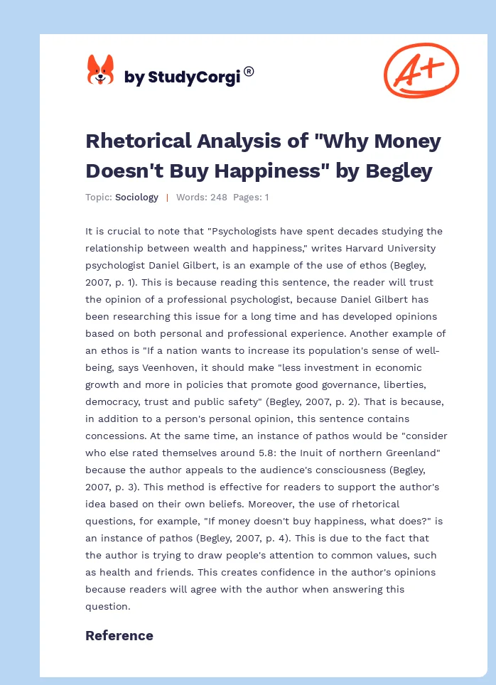 Rhetorical Analysis of "Why Money Doesn't Buy Happiness" by Begley. Page 1