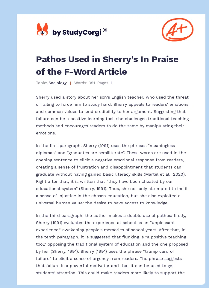 Pathos Used in Sherry's In Praise of the F-Word Article. Page 1