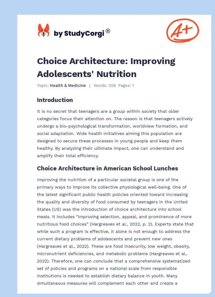 Choice Architecture: Improving Adolescents' Nutrition. Page 1