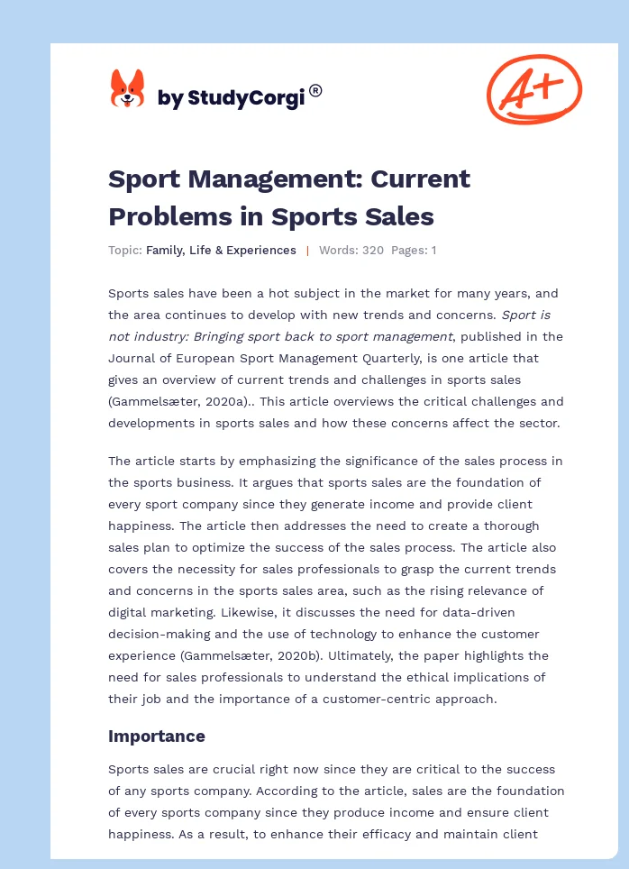 Sport Management: Current Problems in Sports Sales. Page 1