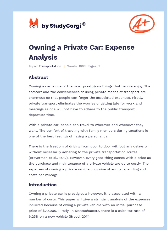 Owning a Private Car: Expense Analysis. Page 1