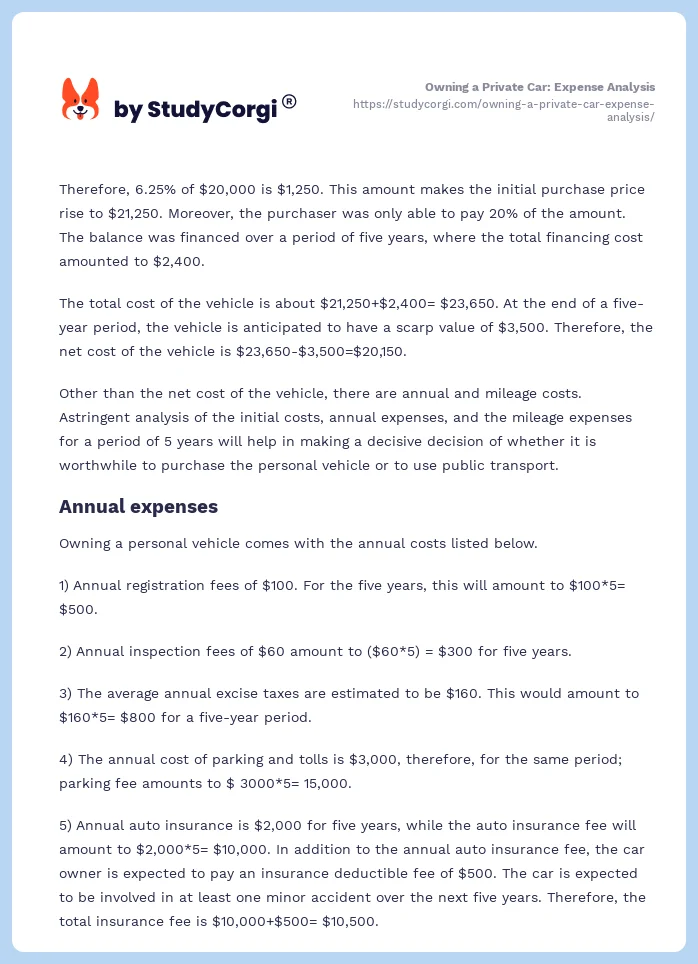 Owning a Private Car: Expense Analysis. Page 2