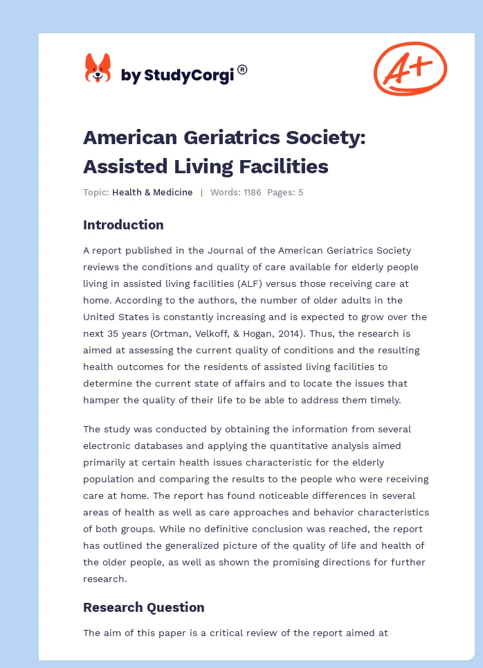 American Geriatrics Society: Assisted Living Facilities. Page 1