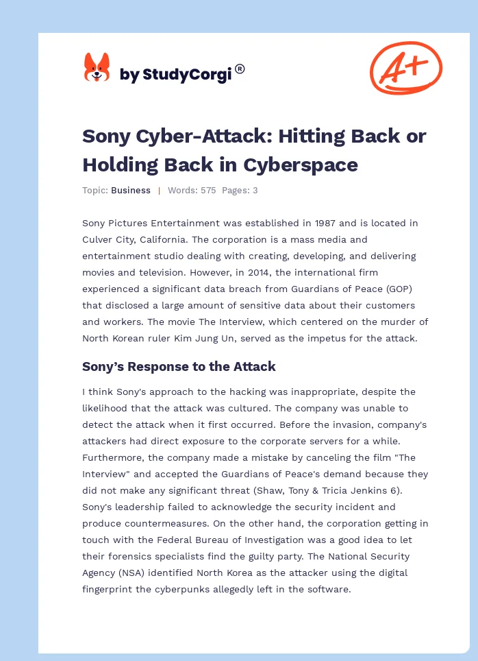Sony Cyber-Attack: Hitting Back or Holding Back in Cyberspace. Page 1