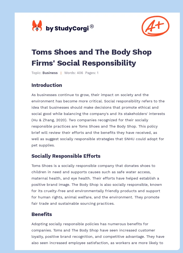Toms Shoes and The Body Shop Firms' Social Responsibility. Page 1