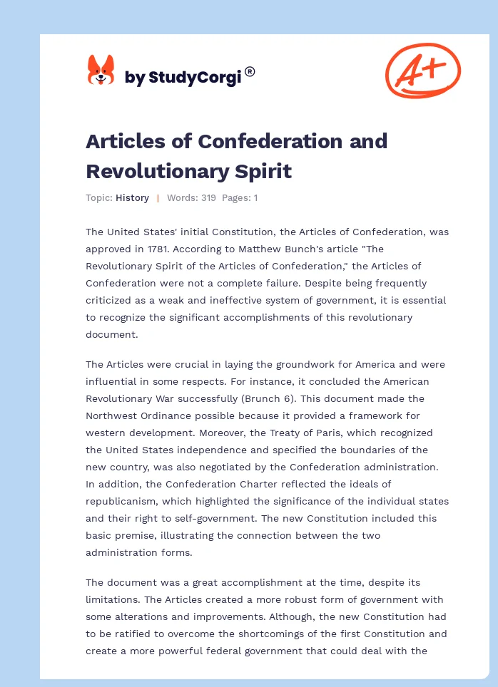 Articles of Confederation and Revolutionary Spirit. Page 1
