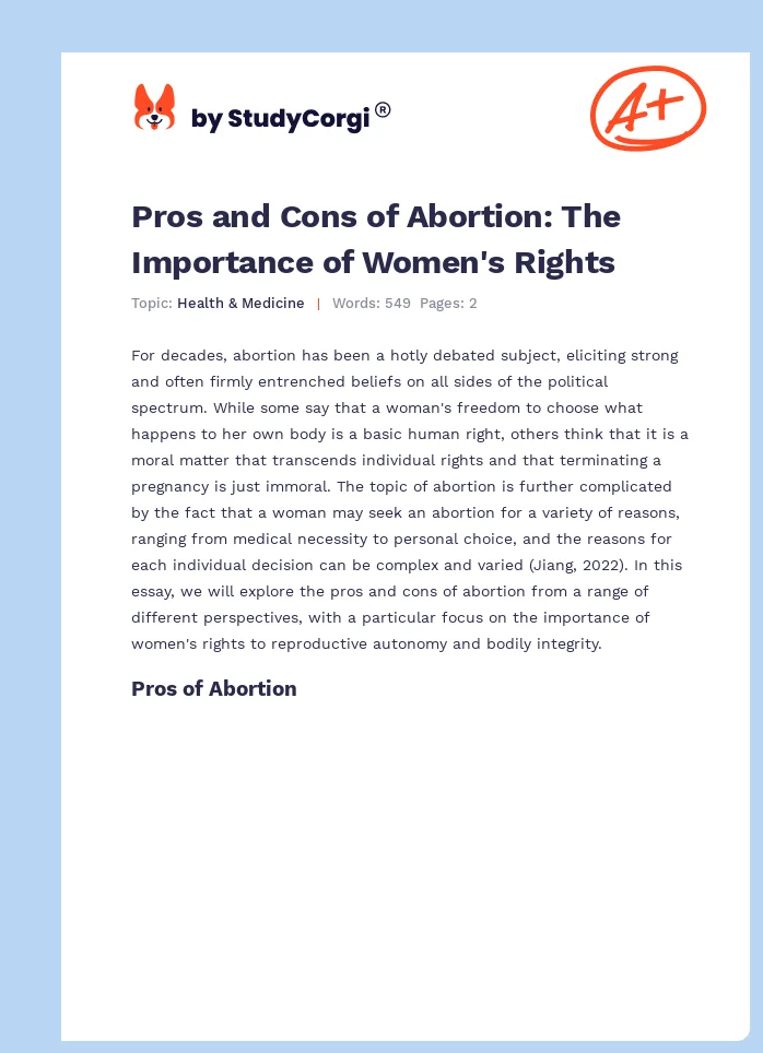 Pros and Cons of Abortion: The Importance of Women's Rights. Page 1