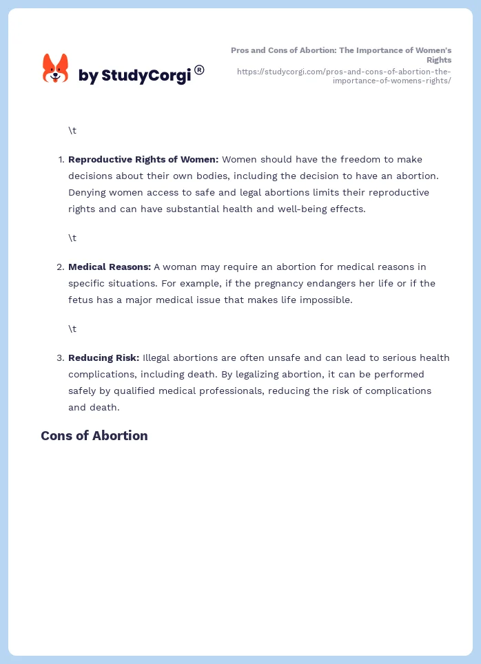 Pros and Cons of Abortion: The Importance of Women's Rights. Page 2