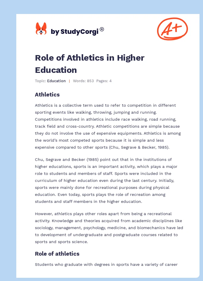 Role of Athletics in Higher Education. Page 1