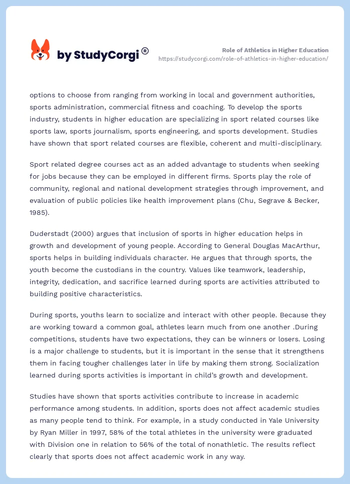 Role of Athletics in Higher Education. Page 2