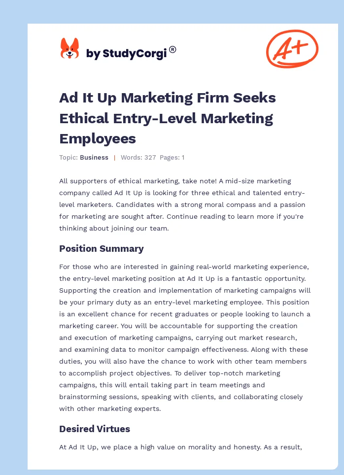 Ad It Up Marketing Firm Seeks Ethical Entry-Level Marketing Employees. Page 1