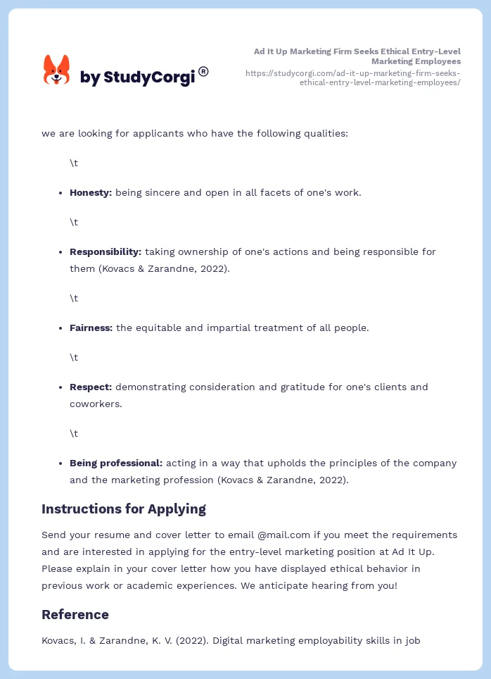 Ad It Up Marketing Firm Seeks Ethical Entry-Level Marketing Employees. Page 2