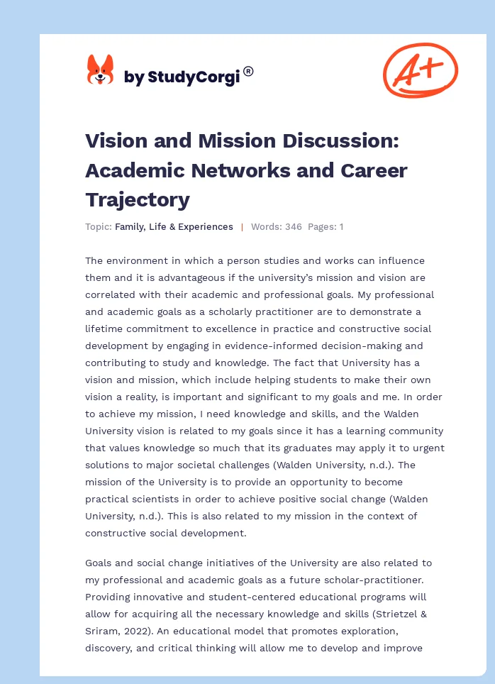 Vision and Mission Discussion: Academic Networks and Career Trajectory. Page 1