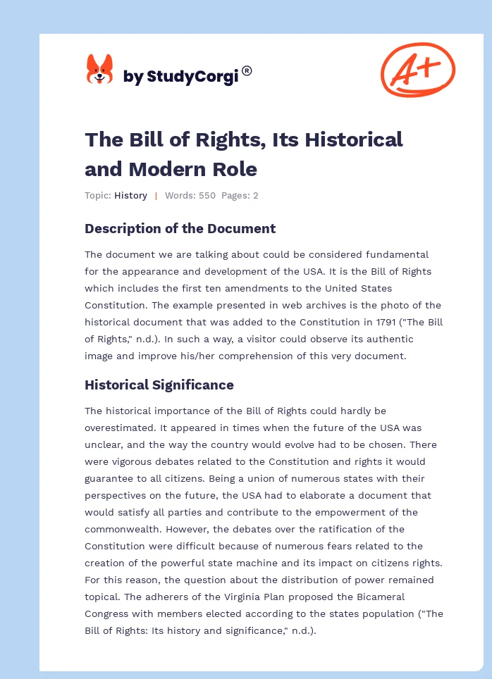 The Bill of Rights, Its Historical and Modern Role. Page 1