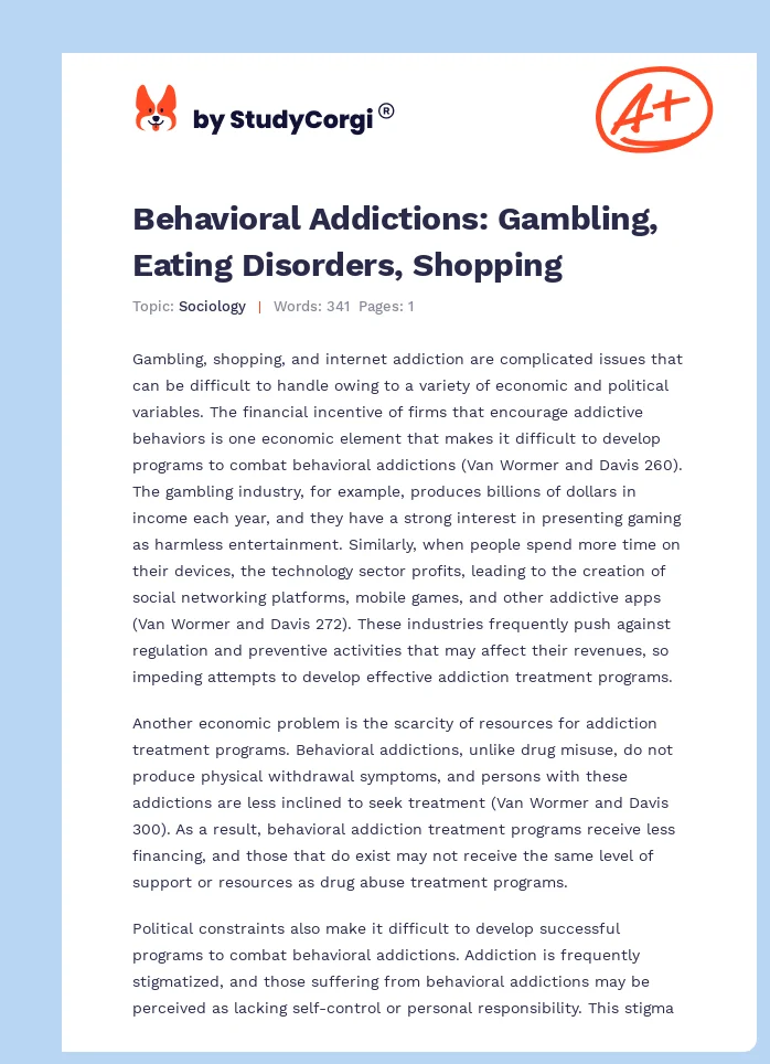 Behavioral Addictions: Gambling, Eating Disorders, Shopping. Page 1
