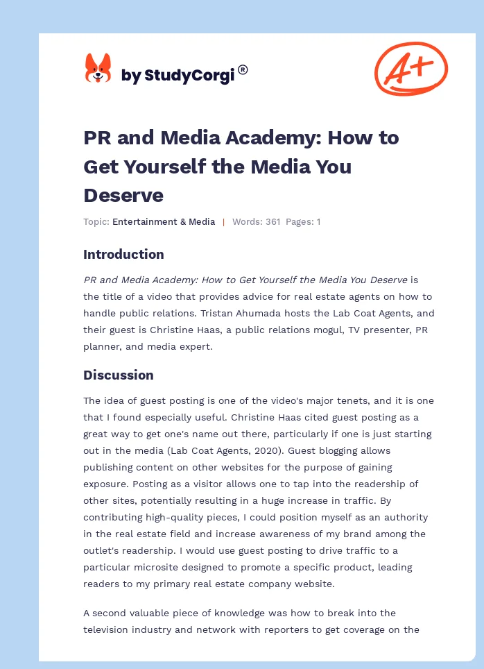 PR and Media Academy: How to Get Yourself the Media You Deserve. Page 1