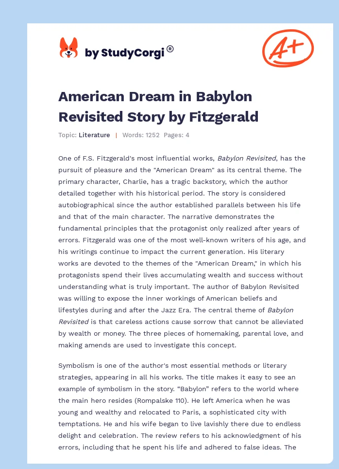 American Dream in Babylon Revisited Story by Fitzgerald. Page 1