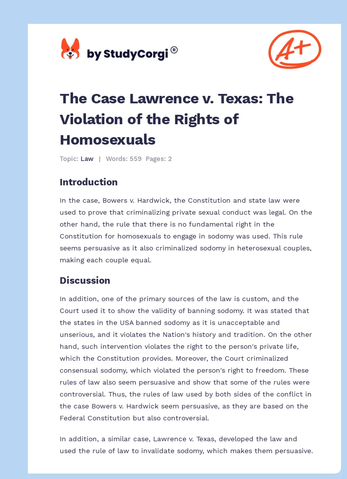 The Case Lawrence v. Texas: The Violation of the Rights of Homosexuals. Page 1