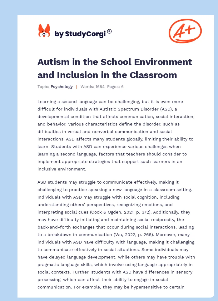 Autism in the School Environment and Inclusion in the Classroom. Page 1
