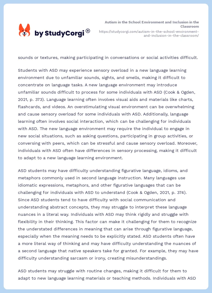 Autism in the School Environment and Inclusion in the Classroom. Page 2