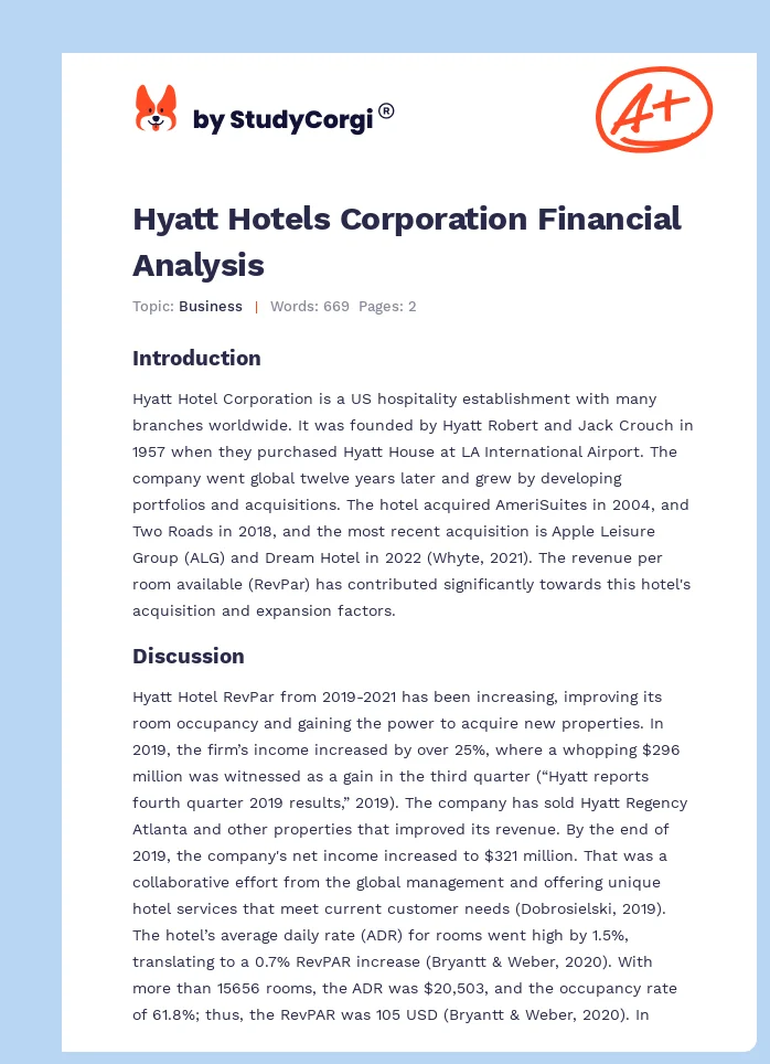 Hyatt Hotels Corporation Financial Analysis. Page 1