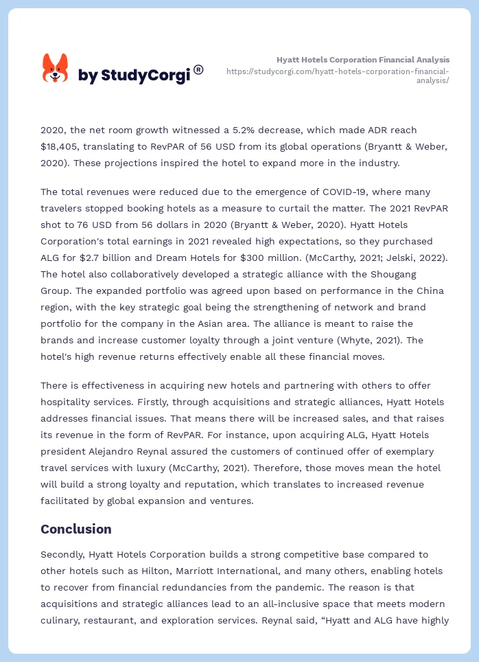 Hyatt Hotels Corporation Financial Analysis. Page 2