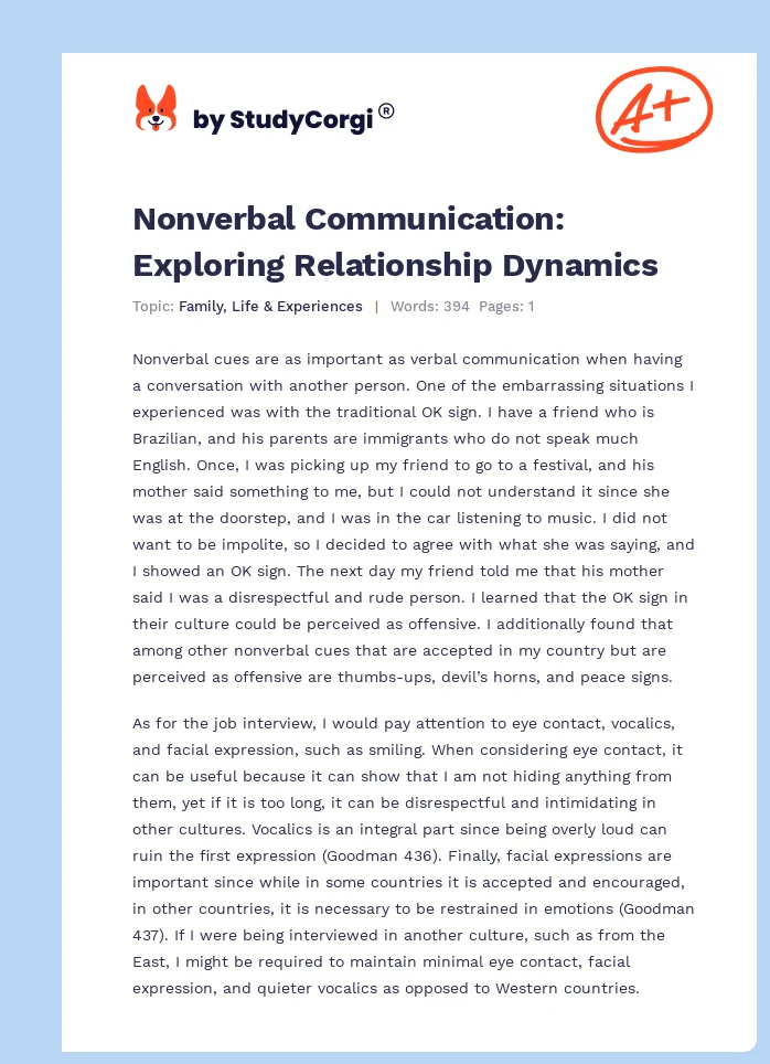 Nonverbal Communication: Exploring Relationship Dynamics. Page 1