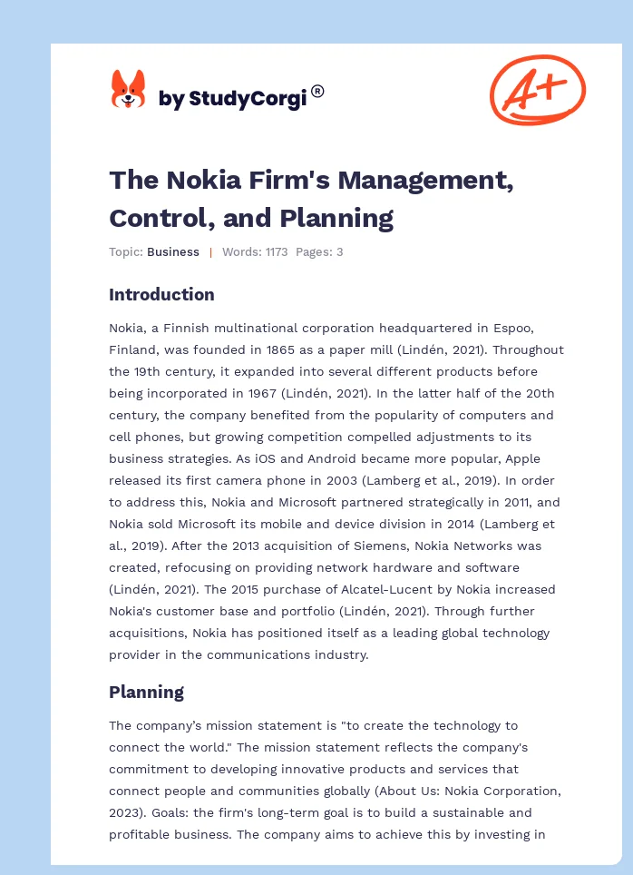 The Nokia Firm's Management, Control, and Planning. Page 1