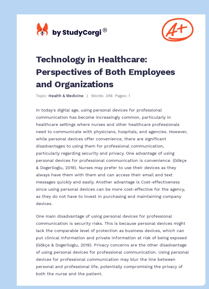 Technology in Healthcare: Perspectives of Both Employees and Organizations. Page 1