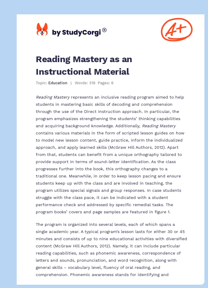 Reading Mastery as an Instructional Material. Page 1