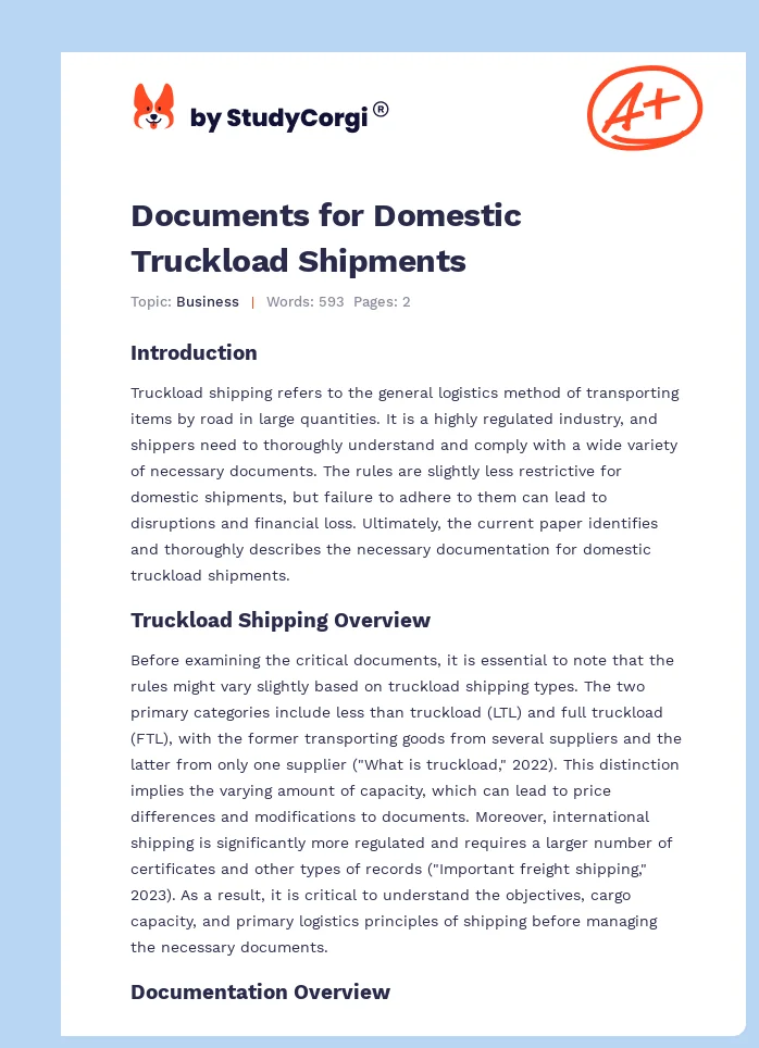 Documents for Domestic Truckload Shipments. Page 1
