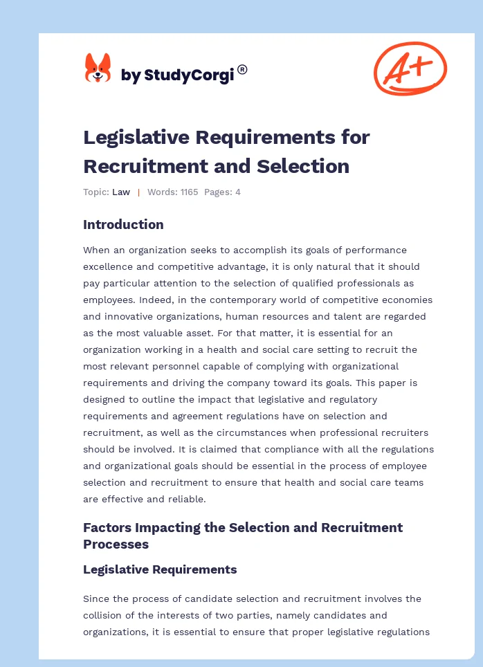 Legislative Requirements for Recruitment and Selection. Page 1