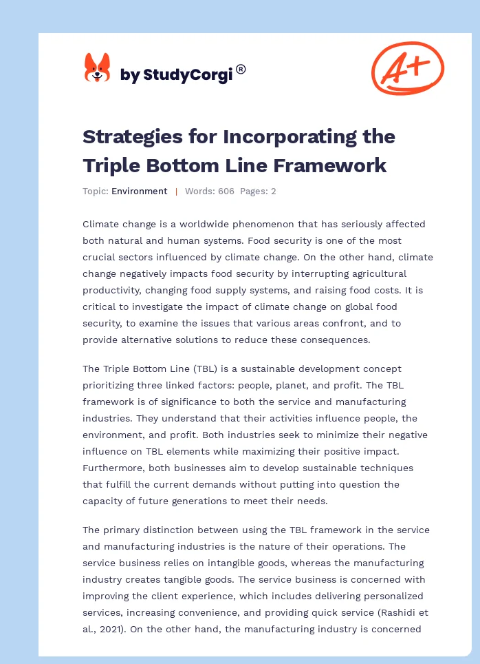 Strategies for Incorporating the Triple Bottom Line Framework. Page 1