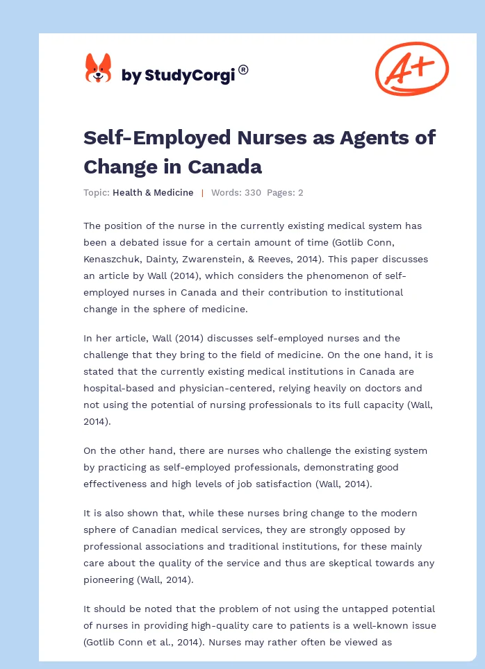 Self-Employed Nurses as Agents of Change in Canada. Page 1