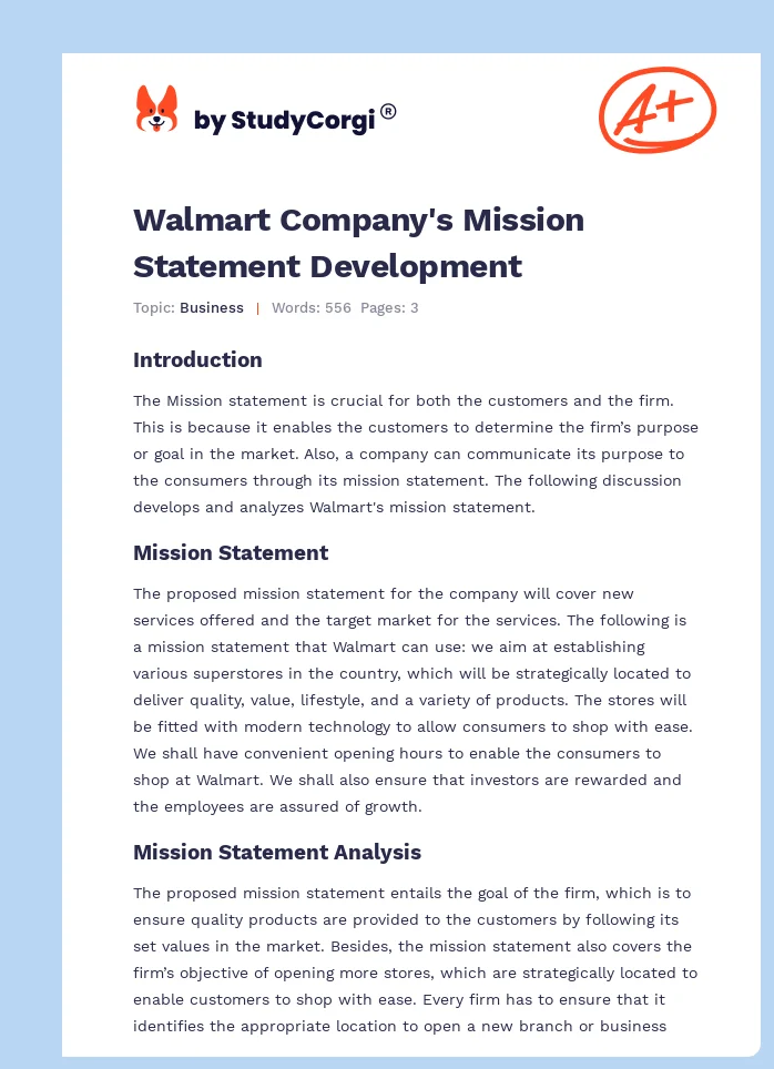 Walmart Company's Mission Statement Development. Page 1