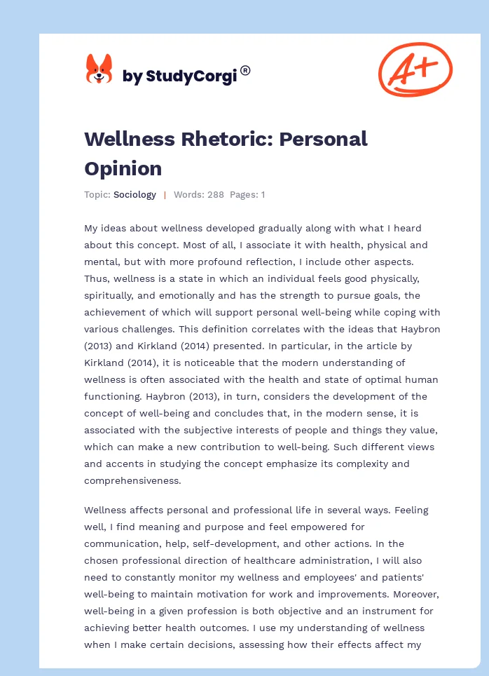 Wellness Rhetoric: Personal Opinion. Page 1