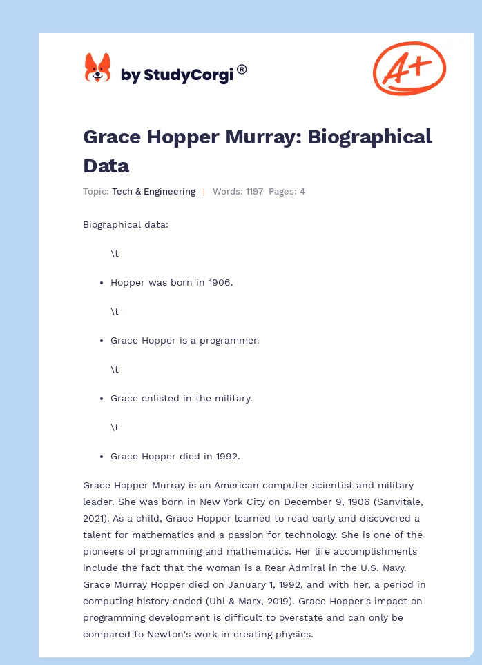 Grace Hopper Murray: Biographical Data. Page 1