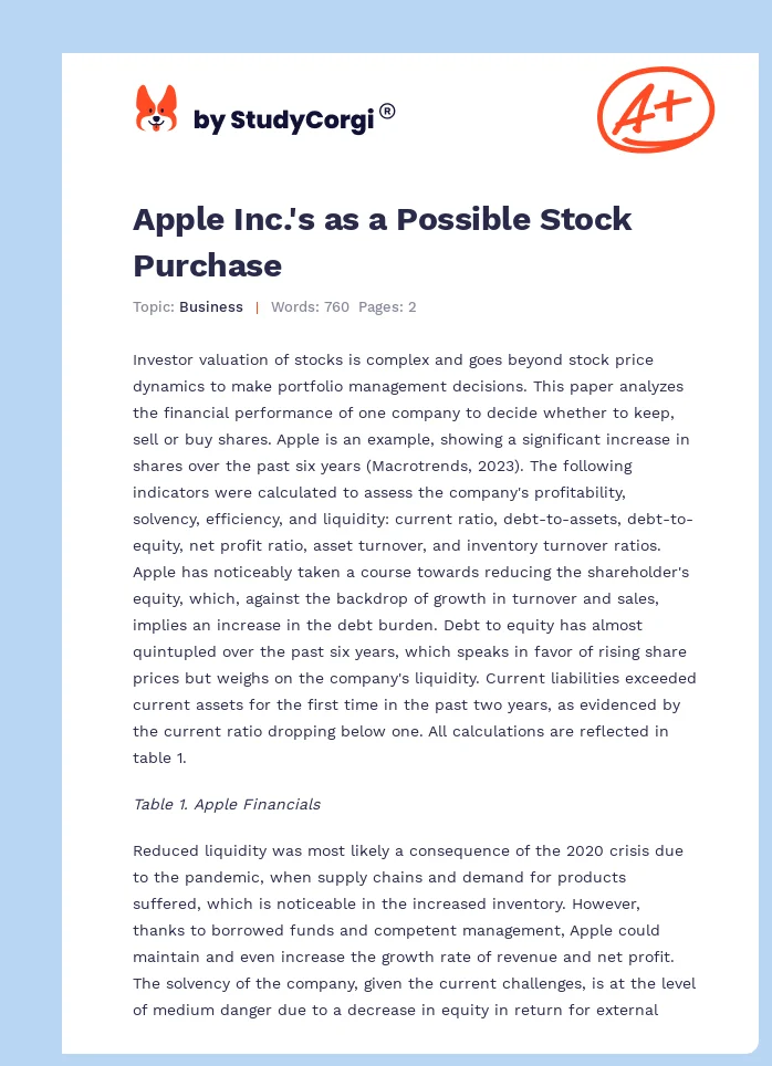 Apple Inc.'s as a Possible Stock Purchase. Page 1