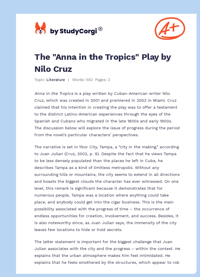 The "Anna in the Tropics" Play by Nilo Cruz. Page 1