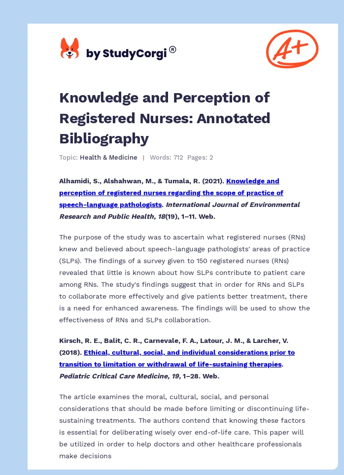 Knowledge and Perception of Registered Nurses: Annotated Bibliography. Page 1