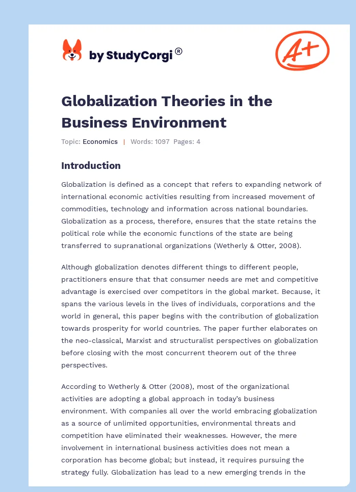 Globalization Theories in the Business Environment. Page 1